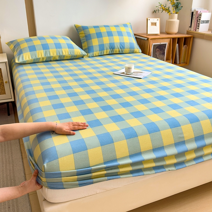 91家纺网 家纺一手货源 找家纺 芃成家纺 2024新款原棉加厚生态磨毛单床笠 蓝黄中格