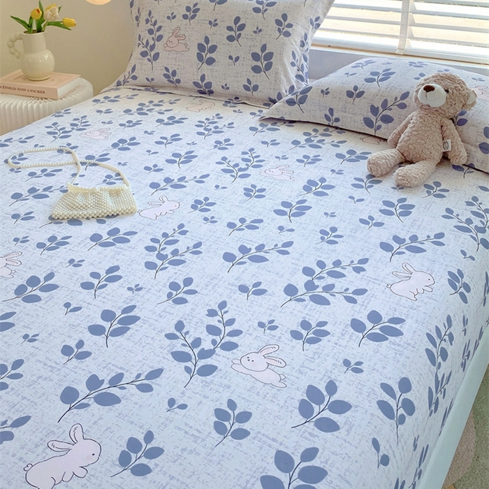 91家纺网 家纺一手货源 找家纺 凯磊 2024新款AB版.生态磨毛印花系列单床笠 蓝枝小兔