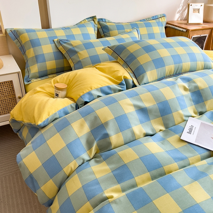 91家纺网 家纺一手货源 找家纺 芃成家纺 2024新款原棉加厚生态磨毛四件套 蓝黄中格