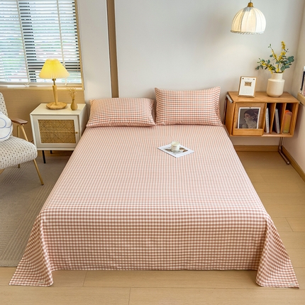 芃成家纺 2024新款原棉加厚生态磨毛单床单 幸运小格-粉