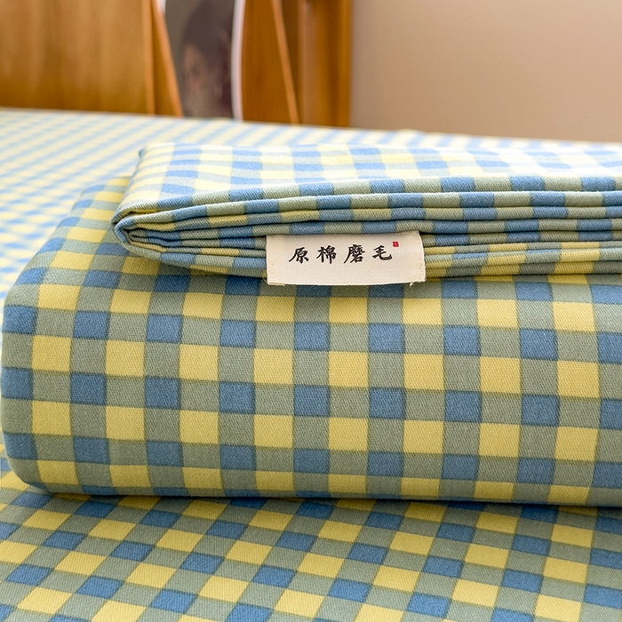 91家纺网 家纺一手货源 找家纺 芃成家纺 2024新款原棉加厚生态磨毛单床笠 蓝黄小格