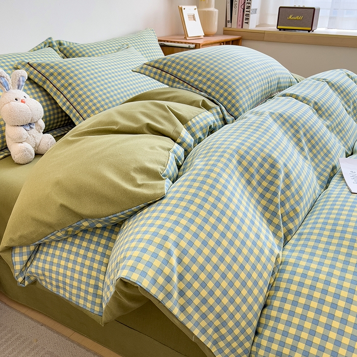 91家纺网 家纺一手货源 找家纺 芃成家纺 2024新款原棉加厚生态磨毛单被套 蓝黄小格