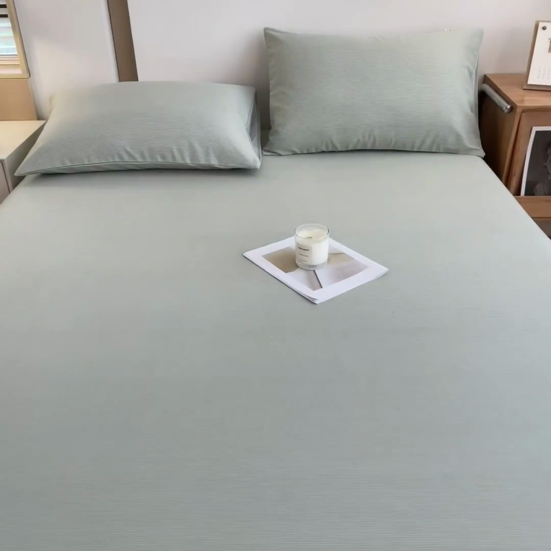 91家纺网 家纺一手货源 找家纺 芃成家纺 2024新款原棉加厚生态磨毛单床笠 条纹-绿