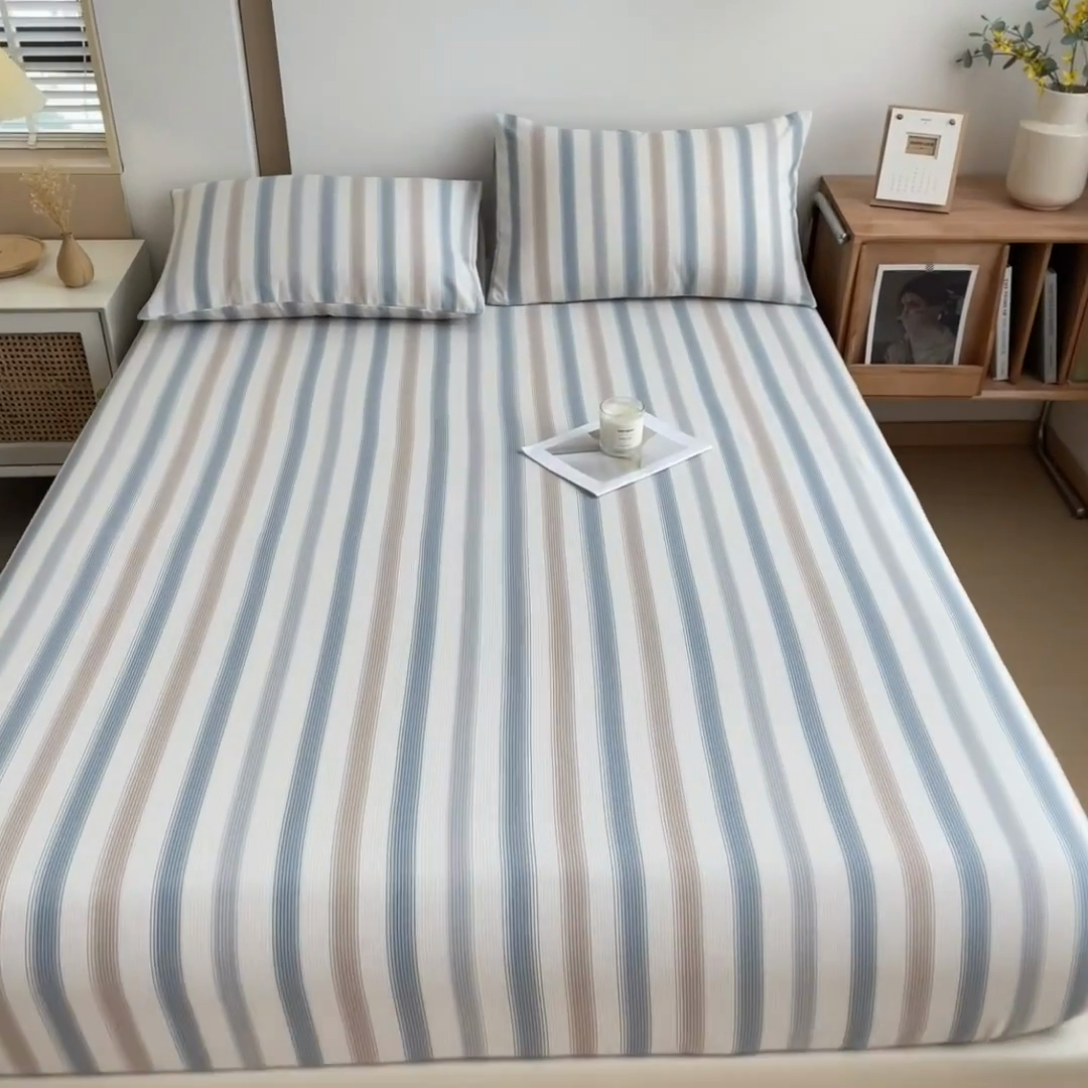 91家纺网 家纺一手货源 找家纺 芃成家纺 2024新款原棉加厚生态磨毛单床笠 气质细条