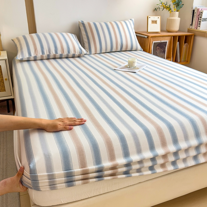 91家纺网 家纺一手货源 找家纺 芃成家纺 2024新款原棉加厚生态磨毛单床笠 气质细条