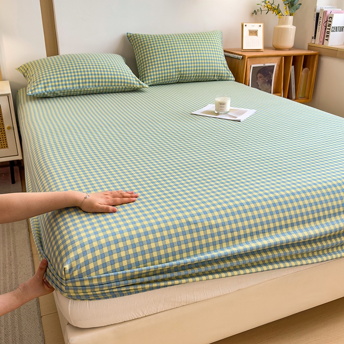 91家纺网 家纺一手货源 找家纺 芃成家纺 2024新款原棉加厚生态磨毛单床笠 蓝黄小格