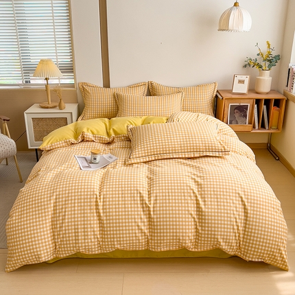 芃成家纺 2024新款原棉加厚生态磨毛四件套 幸运小格-黄