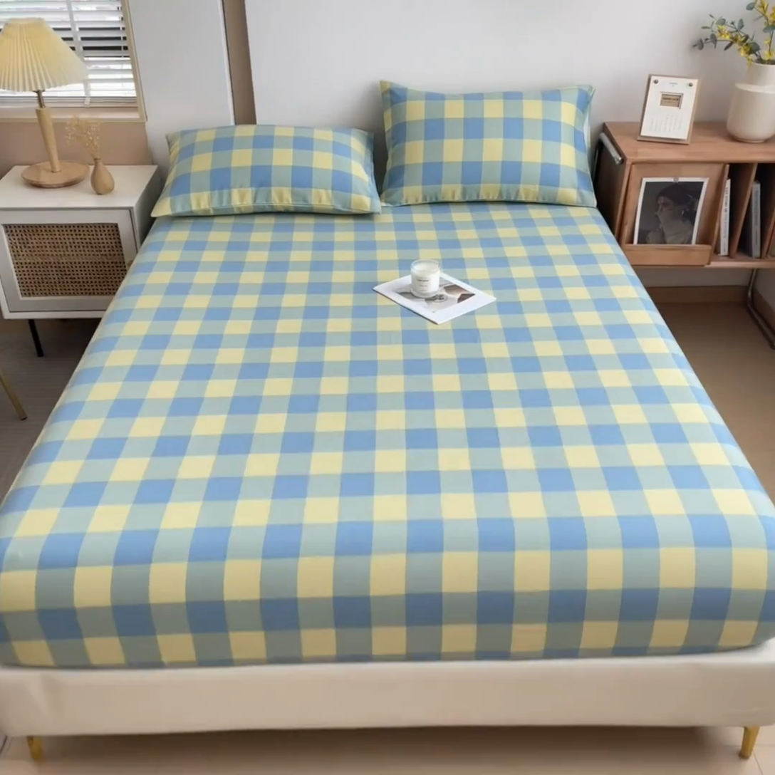 91家纺网 家纺一手货源 找家纺 芃成家纺 2024新款原棉加厚生态磨毛单床笠 蓝黄中格