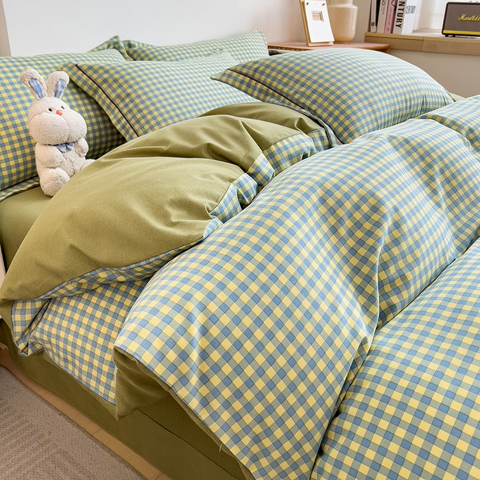 91家纺网 家纺一手货源 找家纺 芃成家纺 2024新款原棉加厚生态磨毛单被套 蓝黄小格