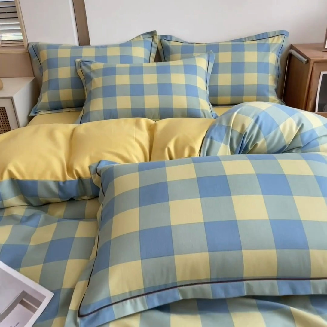 91家纺网 家纺一手货源 找家纺 芃成家纺 2024新款原棉加厚生态磨毛单被套 蓝黄中格