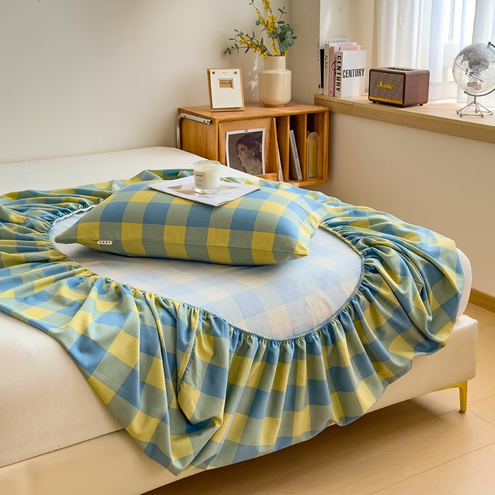 91家纺网 家纺一手货源 找家纺 芃成家纺 2024新款原棉加厚生态磨毛单床笠 蓝黄中格