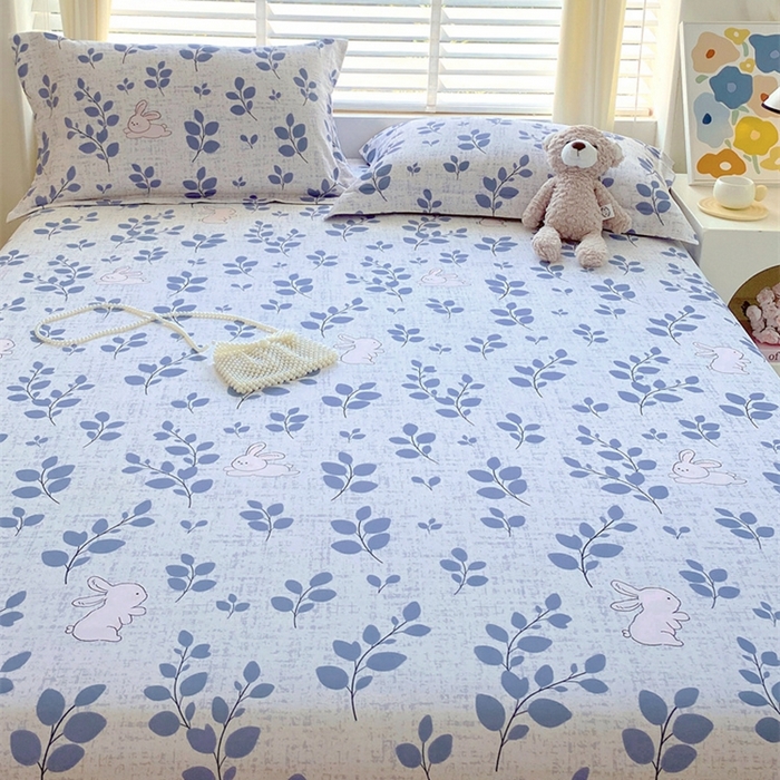 91家纺网 家纺一手货源 找家纺 凯磊 2024新款AB版.生态磨毛印花系列单床笠 蓝枝小兔