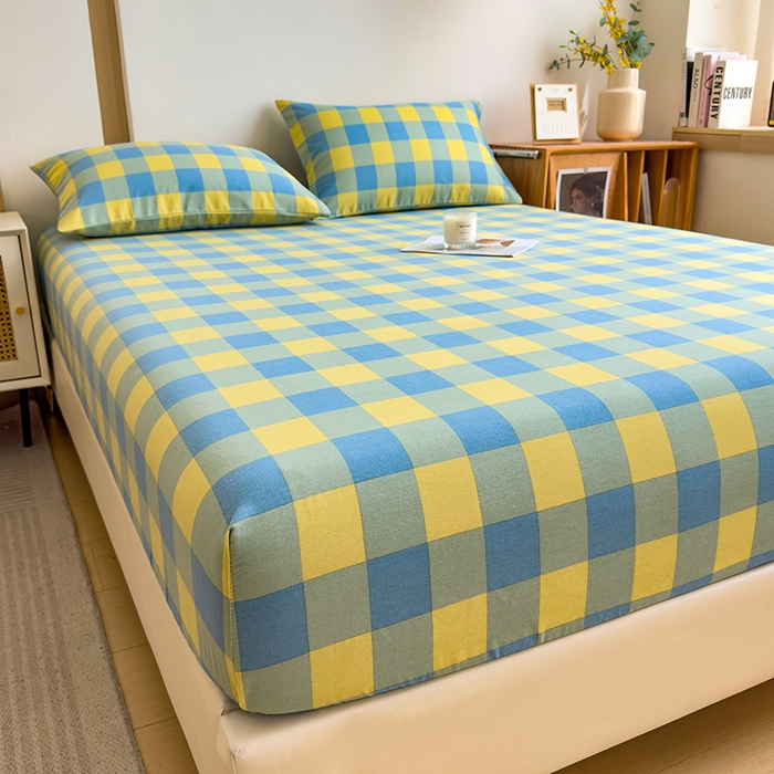 91家纺网 家纺一手货源 找家纺 芃成家纺 2024新款原棉加厚生态磨毛单床笠 蓝黄中格