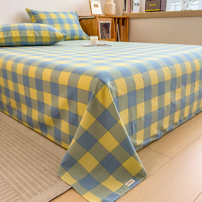 91家纺网 家纺一手货源 找家纺 芃成家纺 2024新款原棉加厚生态磨毛单床单 蓝黄中格