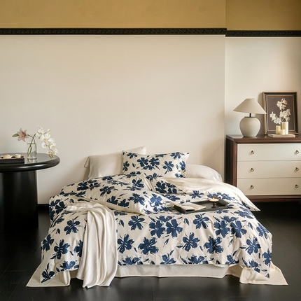 91家纺网 家纺一手货源 找家纺 华超针织 2024新款长绒棉5050数码印花四件套 蓝汀