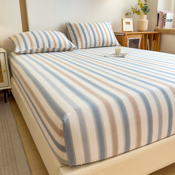 91家纺网 家纺一手货源 找家纺 芃成家纺 2024新款原棉加厚生态磨毛单床笠 气质细条