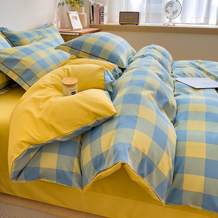 91家纺网 家纺一手货源 找家纺 芃成家纺 2024新款原棉加厚生态磨毛单被套 蓝黄中格