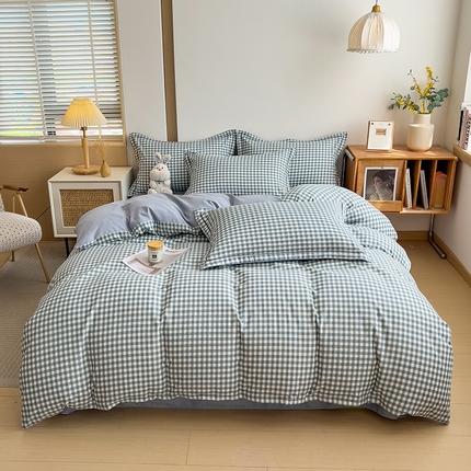 芃成家纺 2024新款原棉加厚生态磨毛四件套 幸运小格-蓝