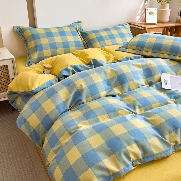 91家纺网 家纺一手货源 找家纺 芃成家纺 2024新款原棉加厚生态磨毛四件套 蓝黄中格