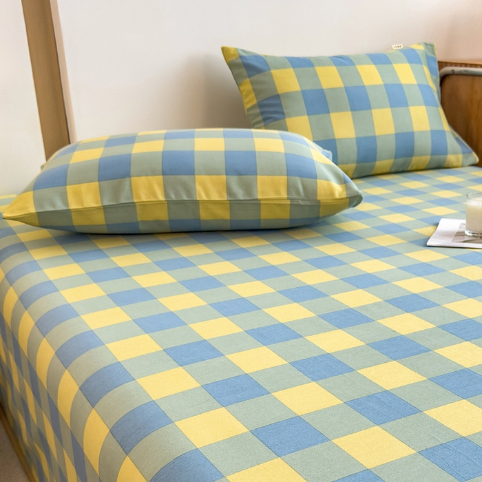 91家纺网 家纺一手货源 找家纺 芃成家纺 2024新款原棉加厚生态磨毛单枕套 蓝黄中格