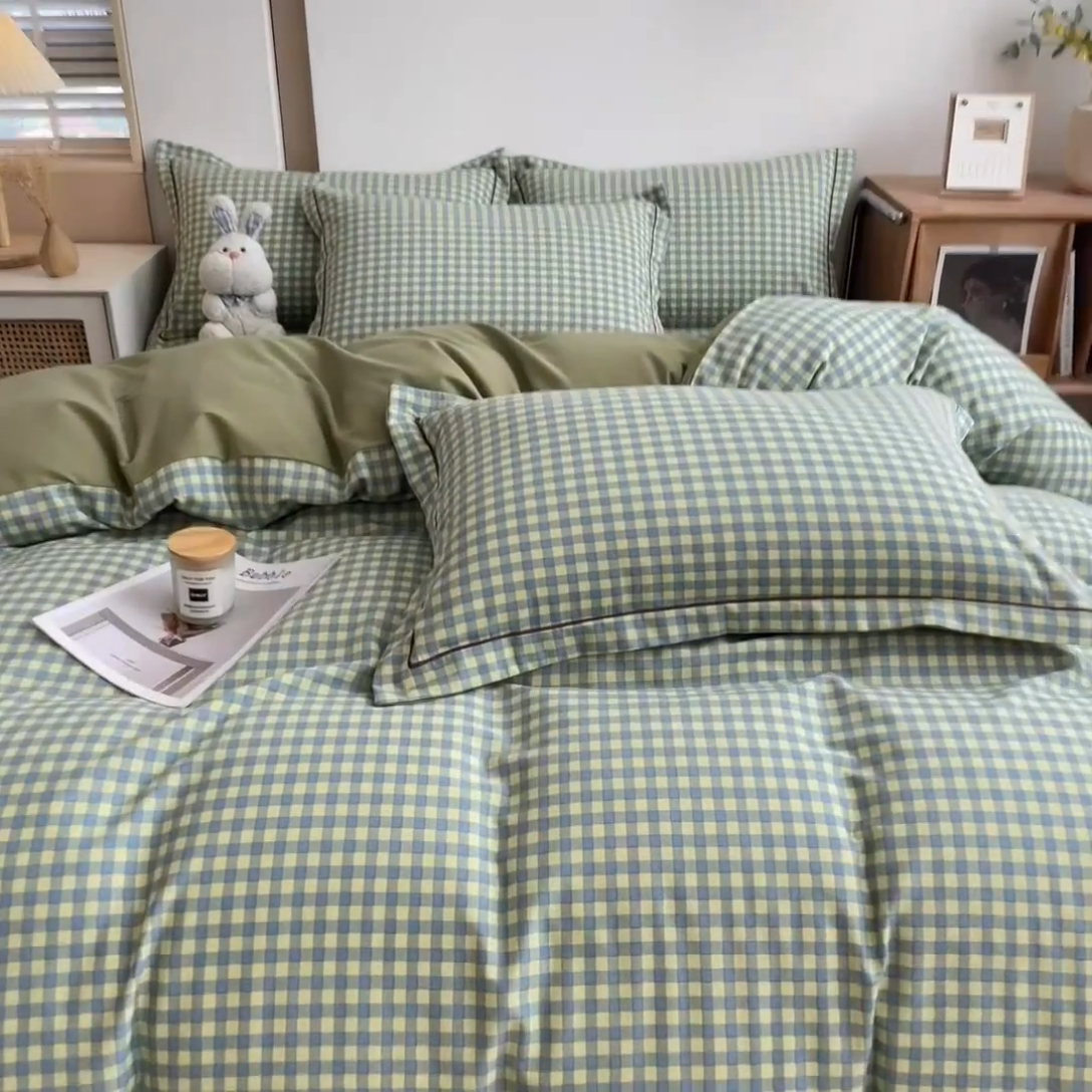 91家纺网 家纺一手货源 找家纺 芃成家纺 2024新款原棉加厚生态磨毛单被套 蓝黄小格