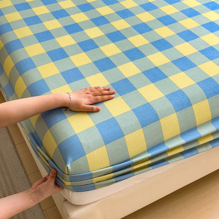 91家纺网 家纺一手货源 找家纺 芃成家纺 2024新款原棉加厚生态磨毛单床笠 蓝黄中格