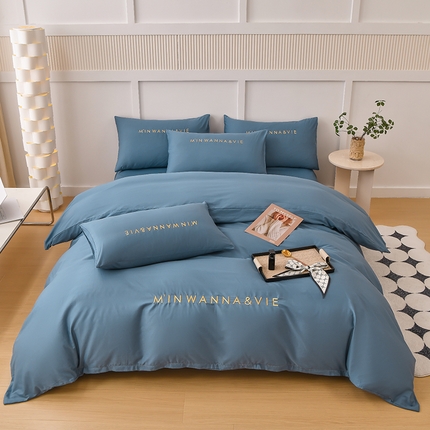 91家纺网 家纺一手货源 找家纺 （总）宇彬家纺 2024直播热爆新款13374全棉母婴级绣花字母款被套枕套床单纯色重工刺绣清新四件套贡缎新疆长绒 