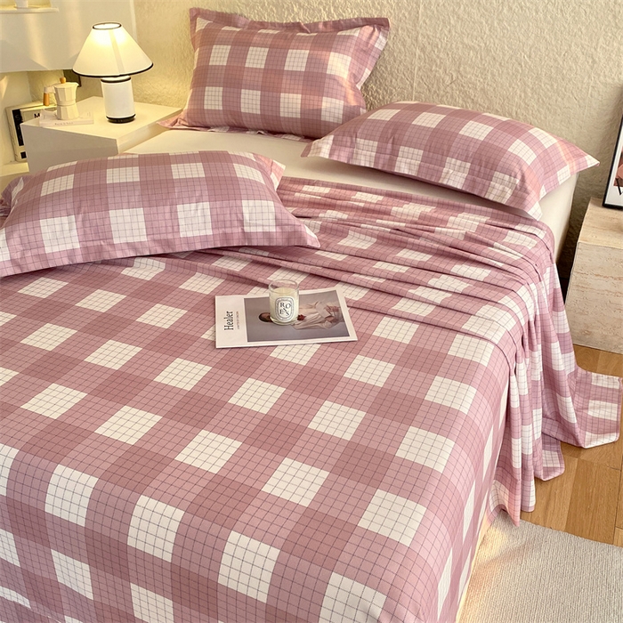 91家纺网 家纺一手货源 找家纺 凯磊 2024新款AB版.生态磨毛印花系列单床单 粉格子