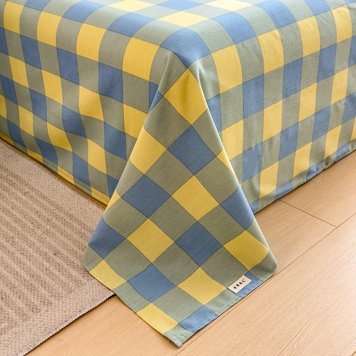 91家纺网 家纺一手货源 找家纺 芃成家纺 2024新款原棉加厚生态磨毛单床单 蓝黄中格