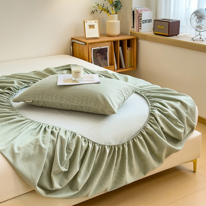 91家纺网 家纺一手货源 找家纺 芃成家纺 2024新款原棉加厚生态磨毛单床笠 条纹-绿