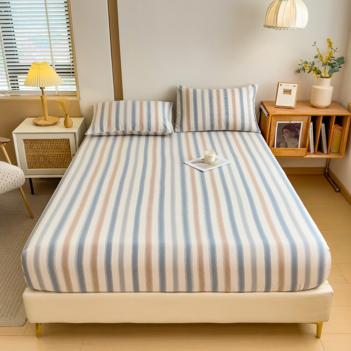 91家纺网 家纺一手货源 找家纺 芃成家纺 2024新款原棉加厚生态磨毛单床笠 气质细条