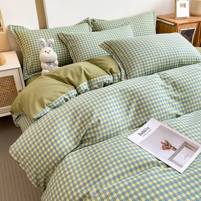 91家纺网 家纺一手货源 找家纺 芃成家纺 2024新款原棉加厚生态磨毛四件套 蓝黄小格