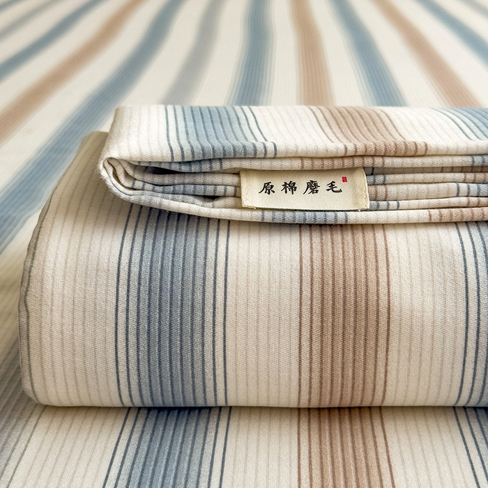 91家纺网 家纺一手货源 找家纺 芃成家纺 2024新款原棉加厚生态磨毛单床笠 气质细条