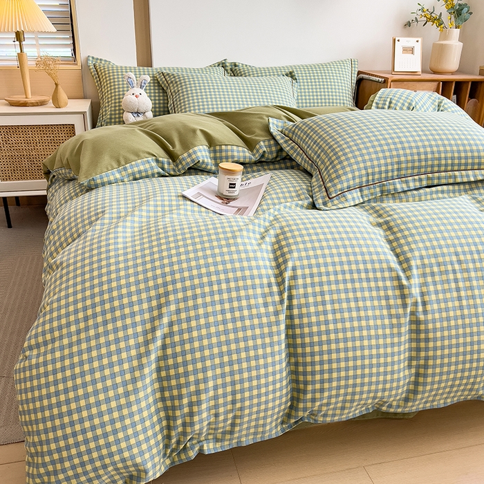 91家纺网 家纺一手货源 找家纺 芃成家纺 2024新款原棉加厚生态磨毛四件套 蓝黄小格