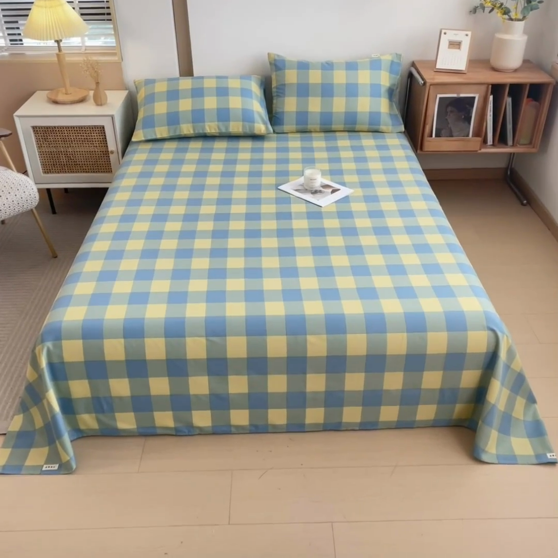 91家纺网 家纺一手货源 找家纺 芃成家纺 2024新款原棉加厚生态磨毛单床单 蓝黄中格