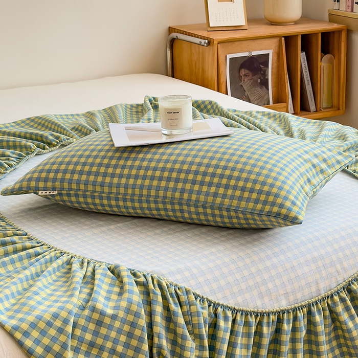 91家纺网 家纺一手货源 找家纺 芃成家纺 2024新款原棉加厚生态磨毛单枕套 蓝黄小格