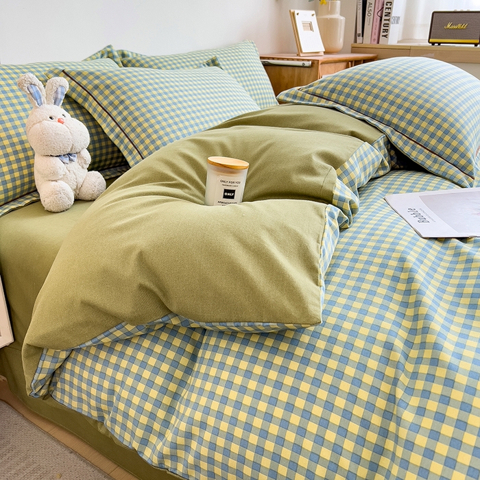 91家纺网 家纺一手货源 找家纺 芃成家纺 2024新款原棉加厚生态磨毛单被套 蓝黄小格