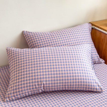 芃成家纺 2024新款原棉加厚生态磨毛单枕套 幸运小格-紫粉