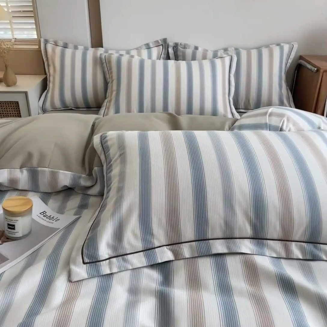 91家纺网 家纺一手货源 找家纺 芃成家纺 2024新款原棉加厚生态磨毛四件套 气质细条