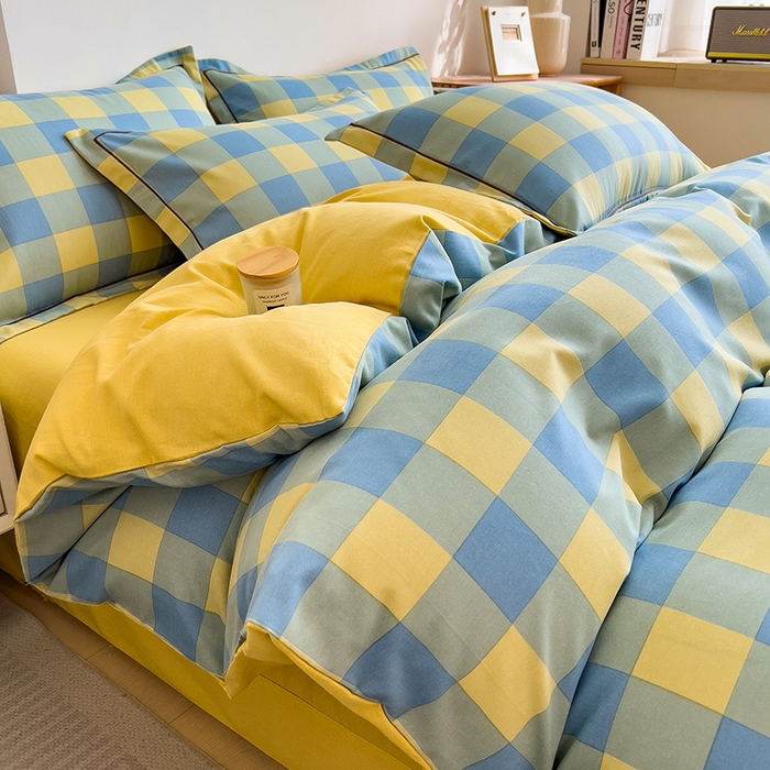 91家纺网 家纺一手货源 找家纺 芃成家纺 2024新款原棉加厚生态磨毛四件套 蓝黄中格