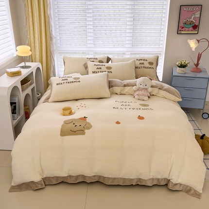 眷恋家纺 2024新款牛奶绒毛巾绣宽边四件套-调皮狗系列 调皮狗-米黄+咖