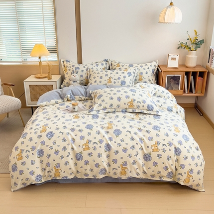 芃成家纺 2024新款原棉加厚生态磨毛四件套 紫花兔兔