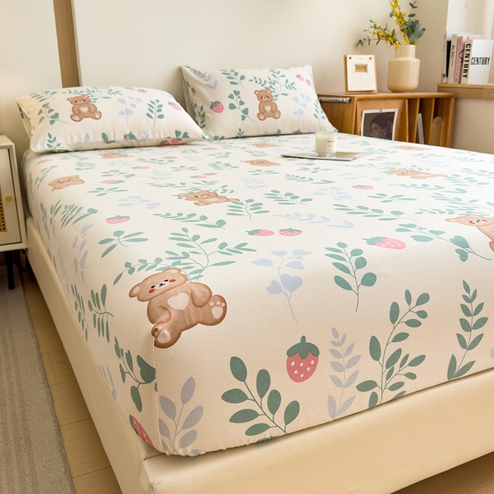 91家纺网 家纺一手货源 找家纺 芃成家纺 2024新款原棉加厚生态磨毛单床笠 树叶熊宝