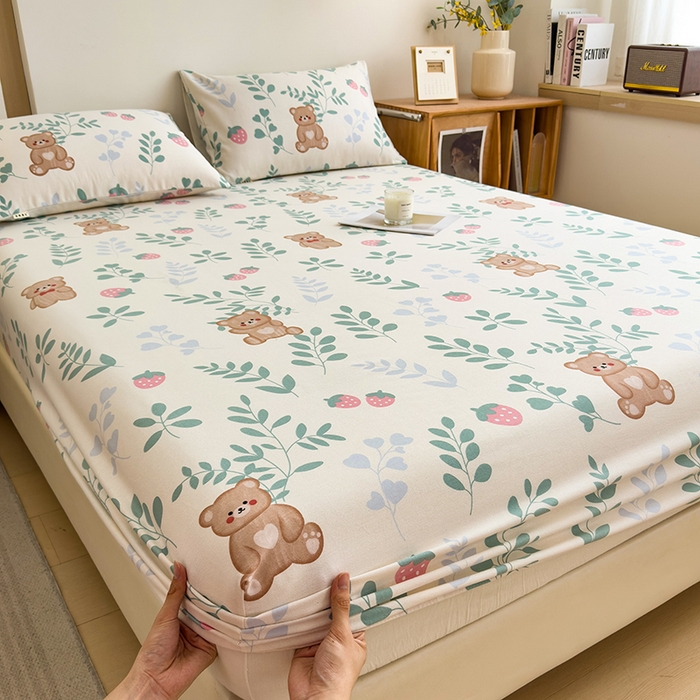 91家纺网 家纺一手货源 找家纺 芃成家纺 2024新款原棉加厚生态磨毛单床笠 树叶熊宝