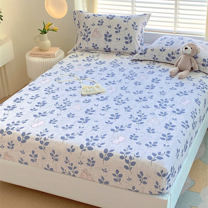 91家纺网 家纺一手货源 找家纺 凯磊 2024新款AB版.生态磨毛印花系列单床笠 蓝枝小兔