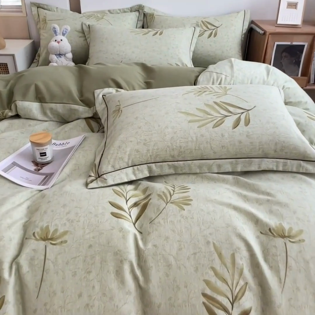 91家纺网 家纺一手货源 找家纺 芃成家纺 2024新款原棉加厚生态磨毛四件套 绿町