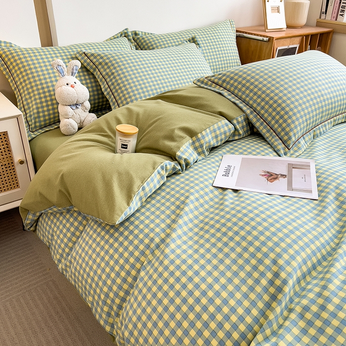 91家纺网 家纺一手货源 找家纺 芃成家纺 2024新款原棉加厚生态磨毛单被套 蓝黄小格