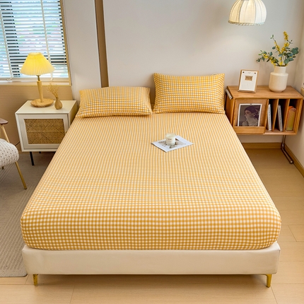 芃成家纺 2024新款原棉加厚生态磨毛单床笠 幸运小格-黄