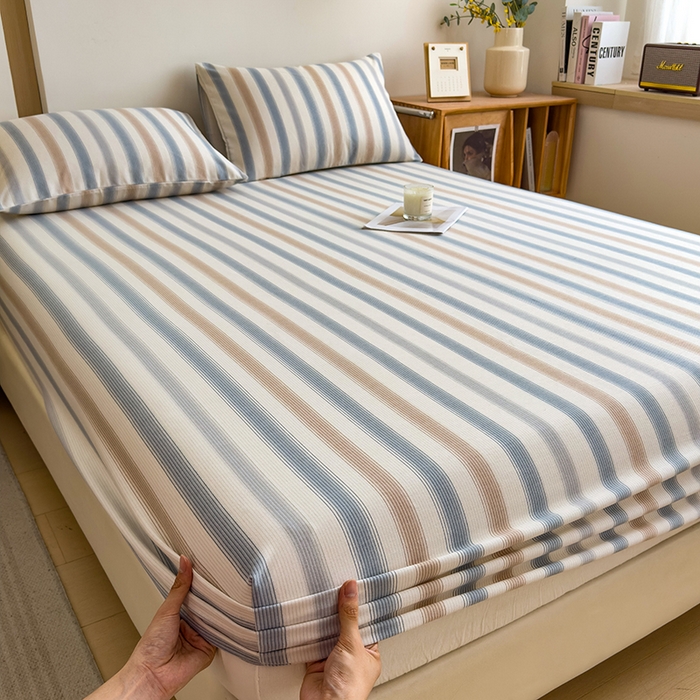 91家纺网 家纺一手货源 找家纺 芃成家纺 2024新款原棉加厚生态磨毛单床笠 气质细条