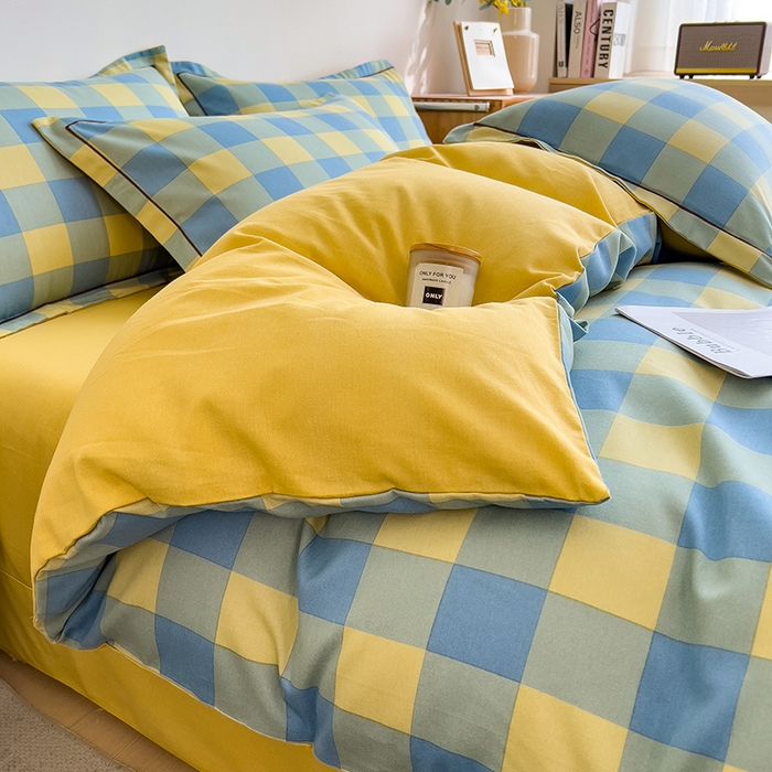 91家纺网 家纺一手货源 找家纺 芃成家纺 2024新款原棉加厚生态磨毛四件套 蓝黄中格